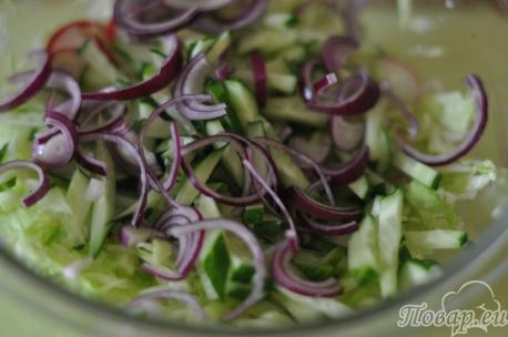 Капуста, лук и редис для салата из овощей с оливковым маслом