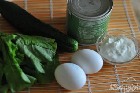 ингредиенты для приготовления салата я яйцами и свежим огурцом