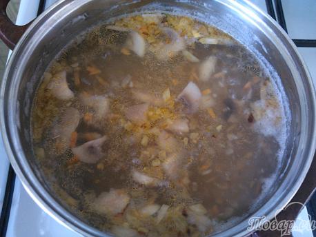 Сырный суп с шампиньонами – добавляем лук и морковь